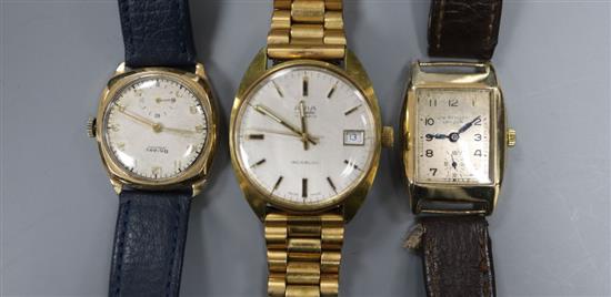 Two gentlemans 9ct gold manual wind wrist watches, Rotary & J.W. Benson and one other watch.